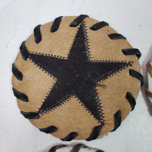 Cowhide Coaster Set of 4 Natural Cowhide Drink Coasters Hair Round Brazil 4.5" - Picture 4 of 8